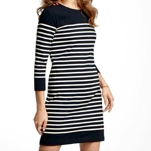 Allihop Navy and White Breton Striped Nautical Coastal Mini Dress, Size Small - Picture 1 of 13